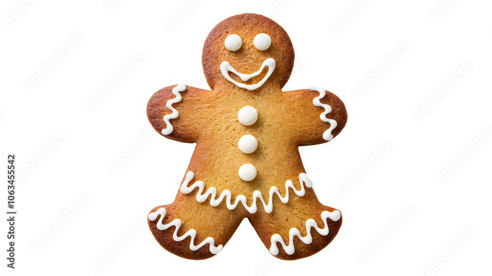 A traditional gingerbread man cookie with white royal icing decorations on a pure transparent background. A traditional gingerbread man cookie with white royal icing decorations on a pure transparent background.