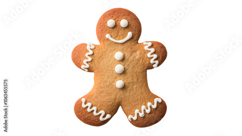 A traditional gingerbread man cookie with white royal icing decorations on a pure transparent background.