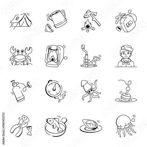 Collection of Doodle Style Marine Icons 