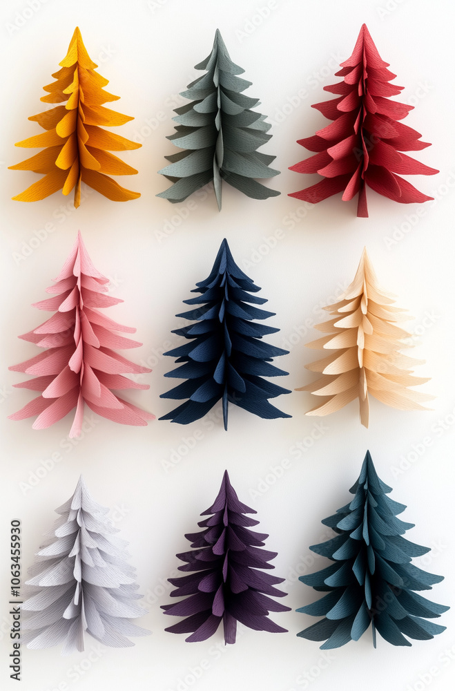 Obraz premium A set of colorful Christmas trees in different colors and sizes, arranged in an orderly manner against a white background.