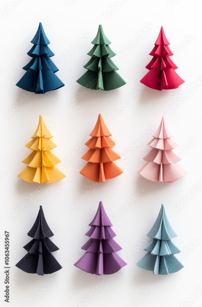 Obraz premium A set of colorful Christmas trees in different colors and sizes, arranged in an orderly manner against a white background.