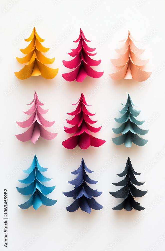 A set of colorful Christmas trees in different colors and sizes, arranged in an orderly manner against a white background. A set of colorful Christmas trees in different colors and sizes, arranged in an orderly manner against a white background.
