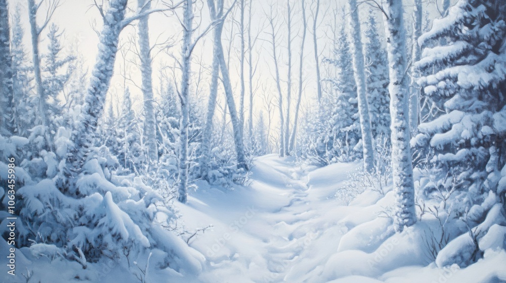Obraz premium A beautifully detailed artwork of trees blanketed in pristine snow,