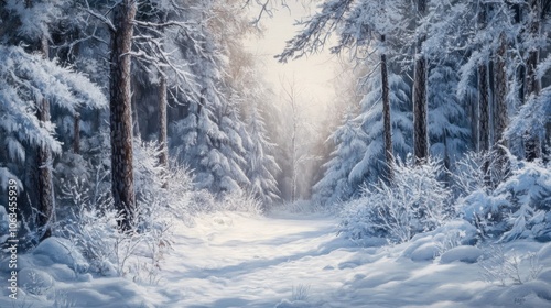 A beautifully detailed artwork of trees blanketed in pristine snow,