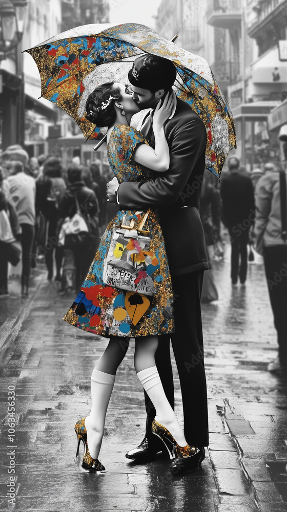 A black and white photo features a woman in a sailor uniform with colorful gold leaf highlights on her face, holding an umbrella while being kissed in a busy street scene. A black and white photo features a woman in a sailor uniform with colorful gold leaf highlights on her face, holding an umbrella while being kissed in a busy street scene.