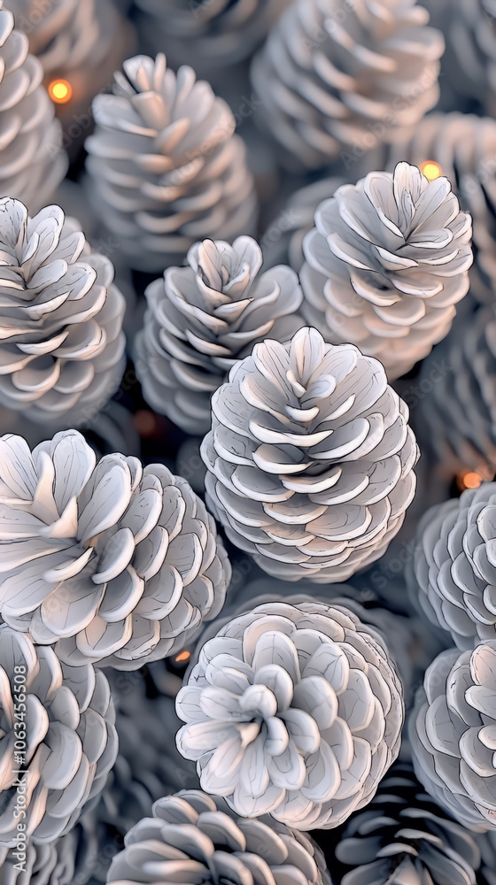 Snow dusted pine cones with glowing lights create nostalgic holiday vibe Snow dusted pine cones with glowing lights create nostalgic holiday vibe