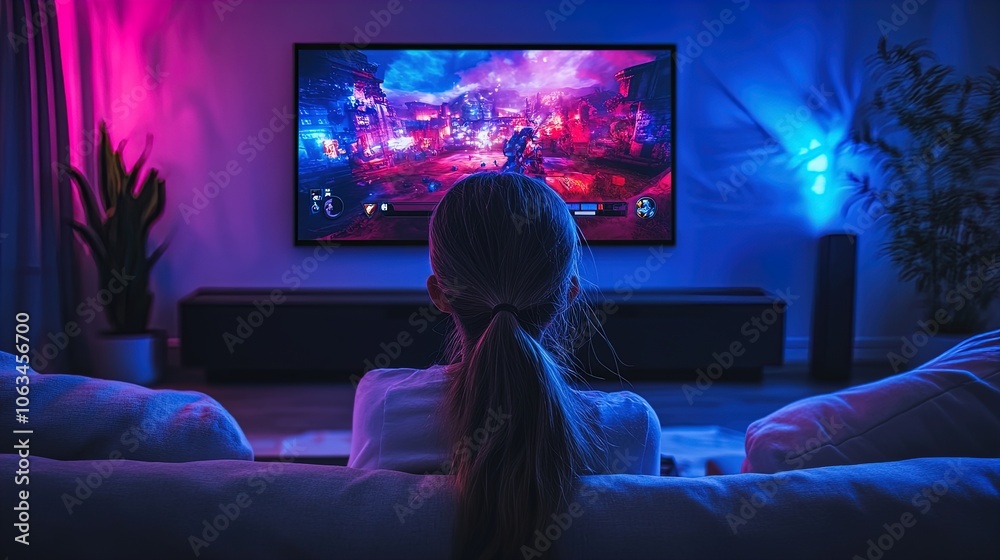 Immerse Yourself in Action: Stunning Poster of a Gamer on a Couch Battling in a Vibrant Video Game Scene with Dynamic Blue and Purple Lighting – Perfect for Sports and Gaming Interiors! Immerse Yourself in Action: Stunning Poster of a Gamer on a Couch Battling in a Vibrant Video Game Scene with Dynamic Blue and Purple Lighting – Perfect for Sports and Gaming Interiors!