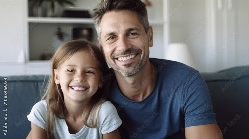 Portrait of a happy father and daughter sitting on the couch