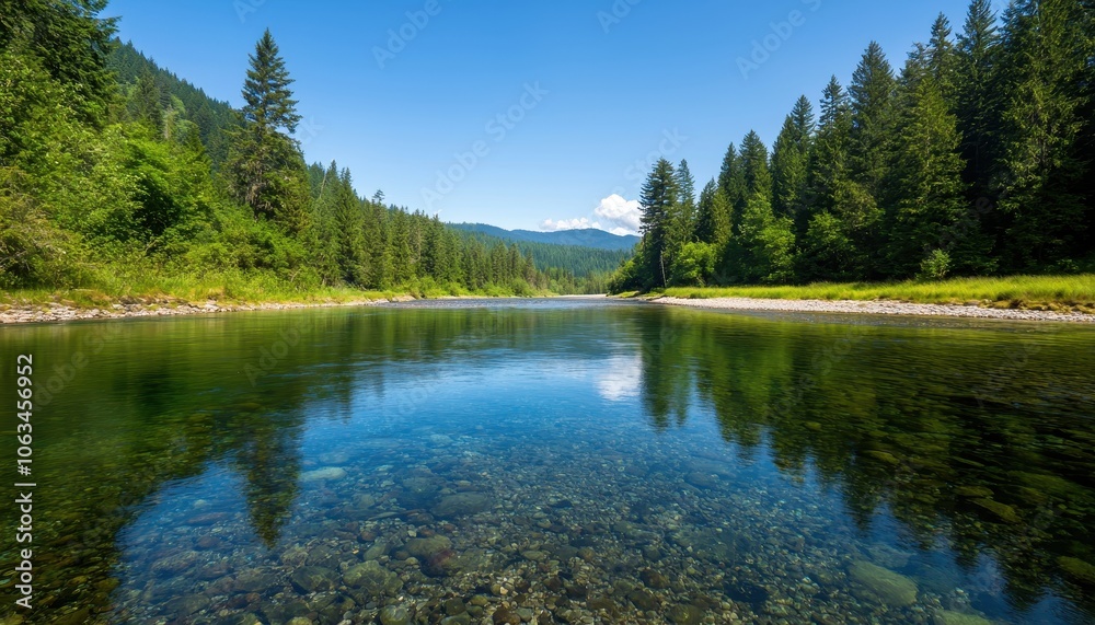 Highway running alongside a crystal-clear river, with tall trees reflecting in the water, peaceful atmosphere, Photography Highway running alongside a crystal-clear river, with tall trees reflecting in the water, peaceful atmosphere, Photography