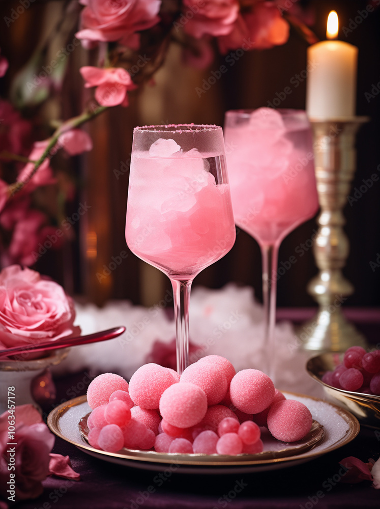 Collection of pink birthday party objects on a table. Collection of pink birthday party objects on a table.