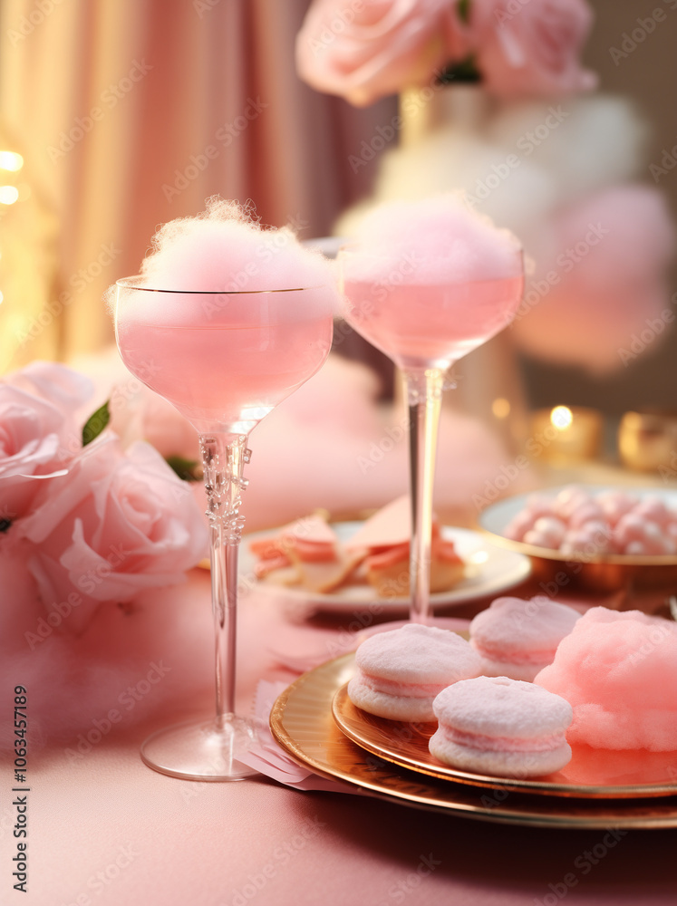 Collection of pink birthday party objects on a table. 