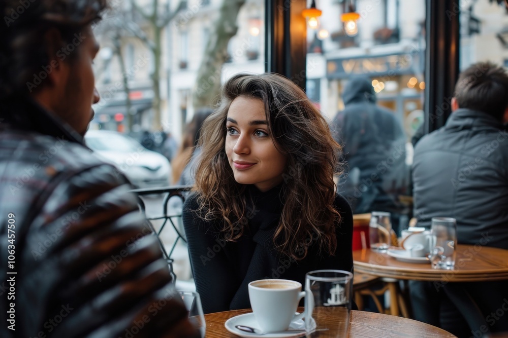 A couple is sitting in a cozy coffee shop, engaged in conversation. The woman is smiling warmly, creating a relaxed and intimate atmosphere. A couple is sitting in a cozy coffee shop, engaged in conversation. The woman is smiling warmly, creating a relaxed and intimate atmosphere.