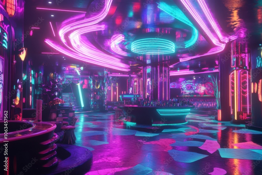 A high-energy dance club with neon lights in bright pinks, blues, and greens A high-energy dance club with neon lights in bright pinks, blues, and greens