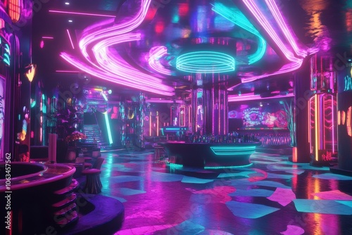 A high-energy dance club with neon lights in bright pinks, blues, and greens