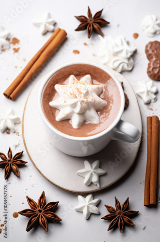 Cup of coffee with star anise and cinnamon sticks