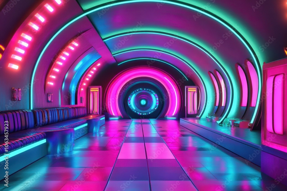 Obraz premium A high-energy dance club with neon lights in bright pinks, blues, and greens
