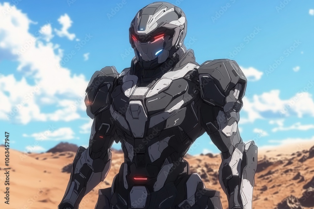 Futuristic sci-fi anime character in advanced high-tech armor suit amidst a dystopian landscape Futuristic sci-fi anime character in advanced high-tech armor suit amidst a dystopian landscape