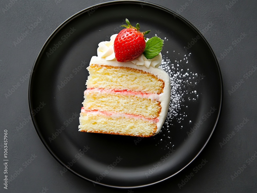A slice of cake on a black plate with a strawberry on top A slice of cake on a black plate with a strawberry on top