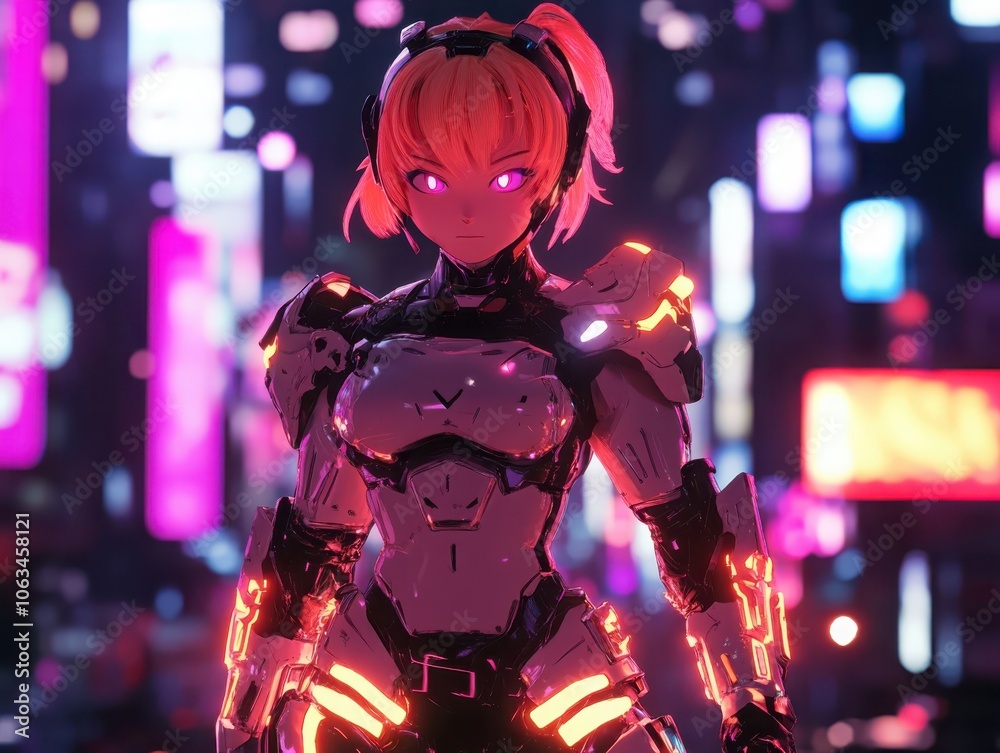 Futuristic sci-fi anime character in glowing tech armor amidst neon cityscape a visual journey into cybernetic realms Futuristic sci-fi anime character in glowing tech armor amidst neon cityscape a visual journey into cybernetic realms