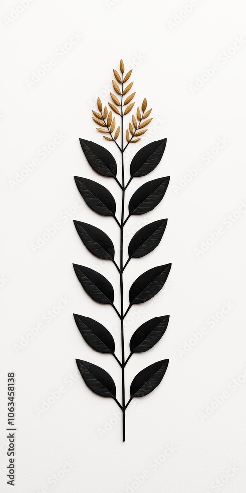 Fototapeta premium Stylized plant design featuring a tall stem with detailed leaves and golden accents, set against a white background for a modern and aesthetic appeal.