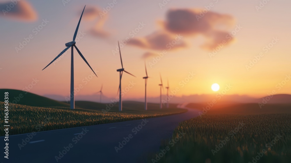 Obraz premium Highway with wind turbines along the road, renewable energy concept, 3D illustration