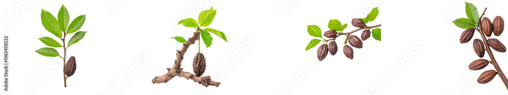 White background with cacao pods and green leaves. White background with cacao pods and green leaves.