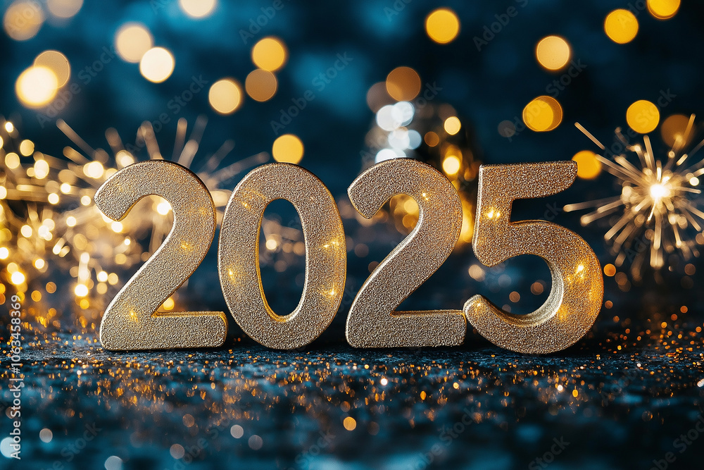 Sparkling golden numbers celebrating the arrival of the new year 2025 amidst festive lights and decorations Generative AI