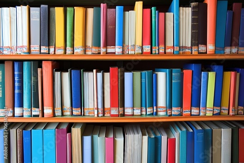 Bookshelf in a library filled with colorful books in shallow focus, creating a blurred background effect with a bright and organized environment photo