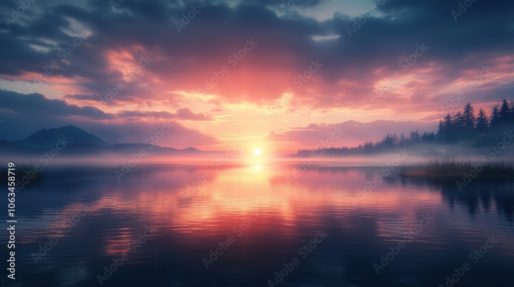 Fototapeta premium A breathtaking sunrise over a tranquil lake, the golden rays