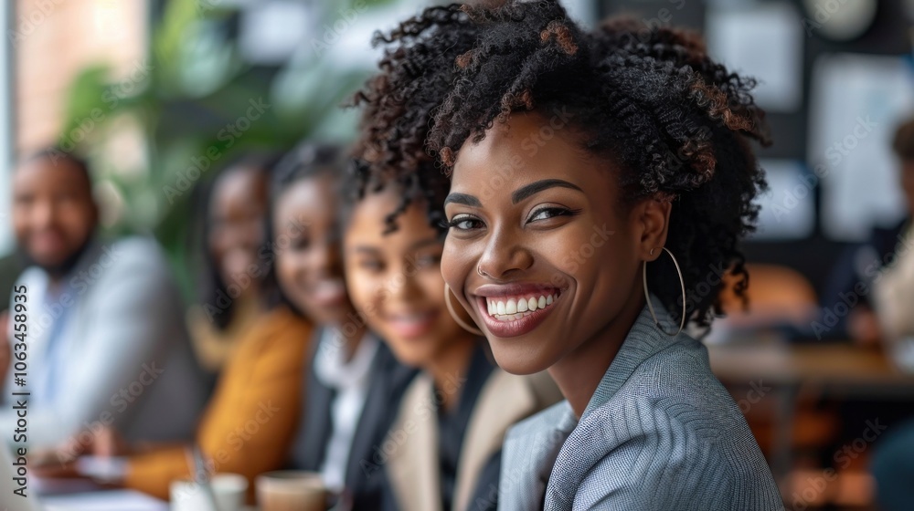 A group of happy businesspeople are engaged in a lively discussion in a modern office setting. The atmosphere is vibrant and collaborative.