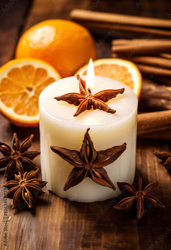 Christmas candle and spices and cinnamon. Christmas candle and spices and cinnamon.