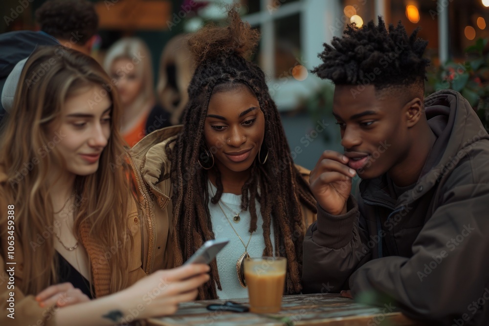Three young people are gathered around a table, smiling and looking at a mobile phone. They appear engaged and cheerful, enjoying each other's company. Three young people are gathered around a table, smiling and looking at a mobile phone. They appear engaged and cheerful, enjoying each other's company.