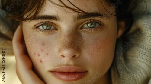 Close-up portrait of a young woman with green eyes, covering part of her face with her hand, highlighting natural skin texture and freckles.