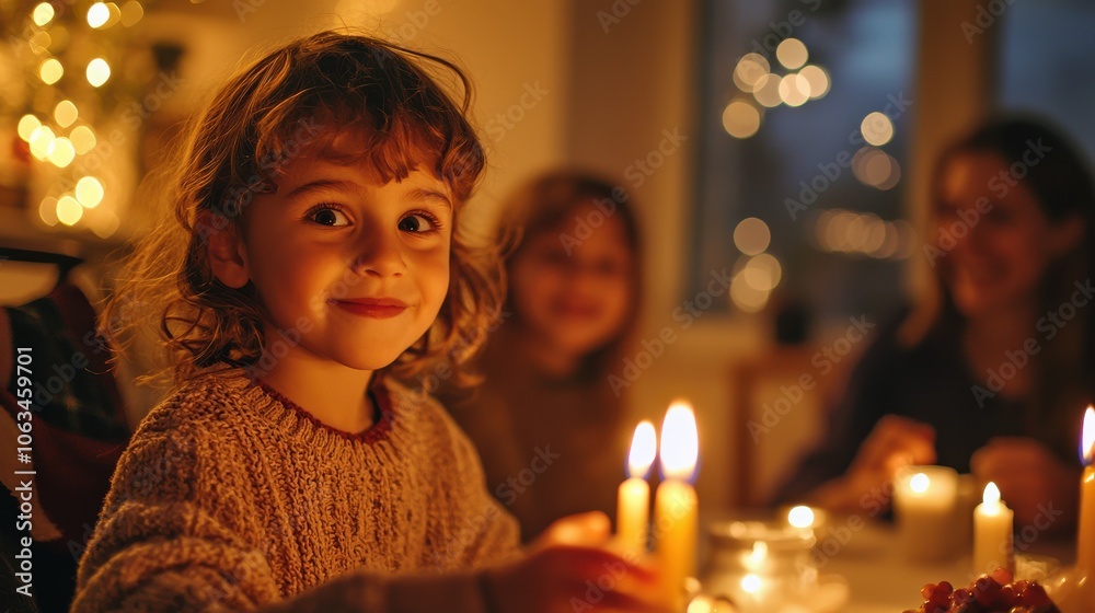 Child lighting a Hanukkah candle with family gathered around, capturing the spirit of joy and tradition Child lighting a Hanukkah candle with family gathered around, capturing the spirit of joy and tradition
