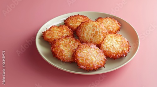 Minimalist 3D render of Hanukkah latkes on a pastel plate, highlighting traditional holiday foods with a modern, clean design, perfect for culinary-themed visuals