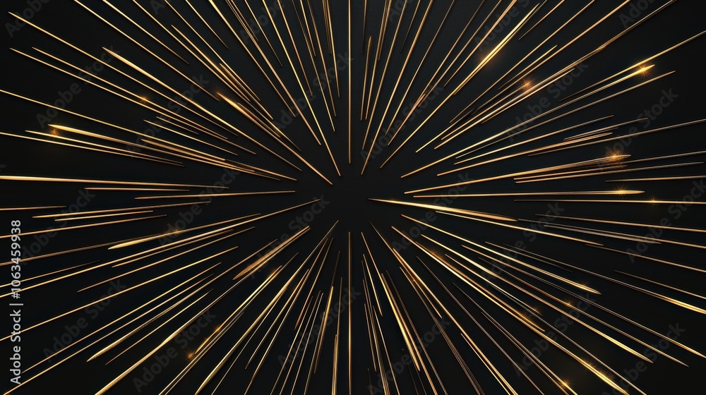 Minimalist depiction of a firework burst with thin golden lines radiating on a matte black background creating a refined and festive New Years Eve scene