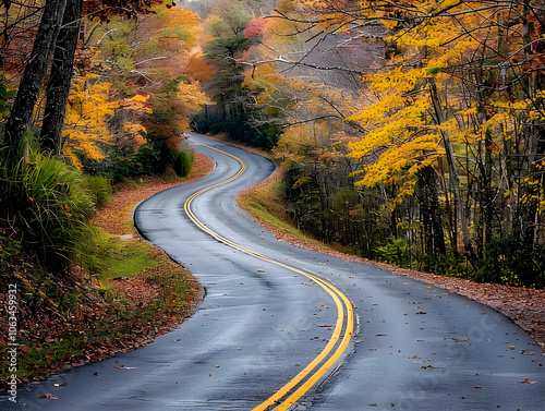 Curving road shadows through a colorful forest in peak autumn season, vibrant reds and oranges.