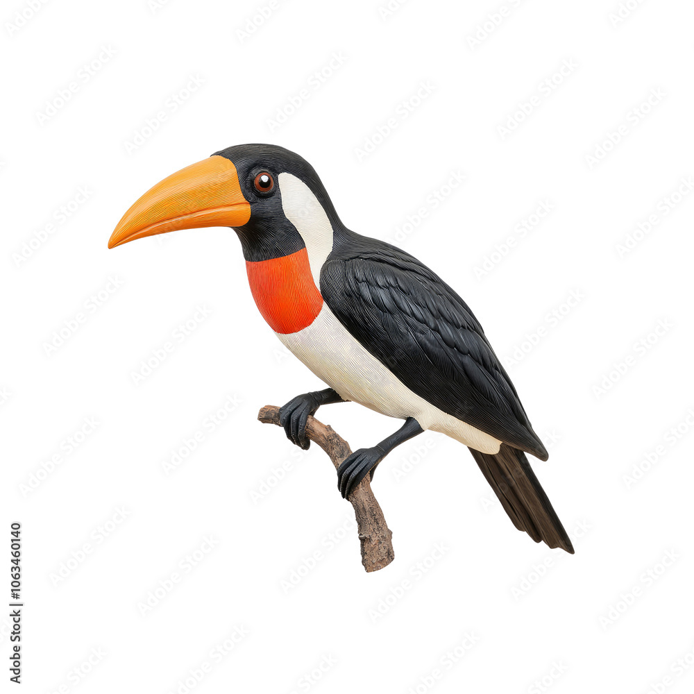 Naklejka premium Black-and-White Toucan with Orange Beak Perched on Branch