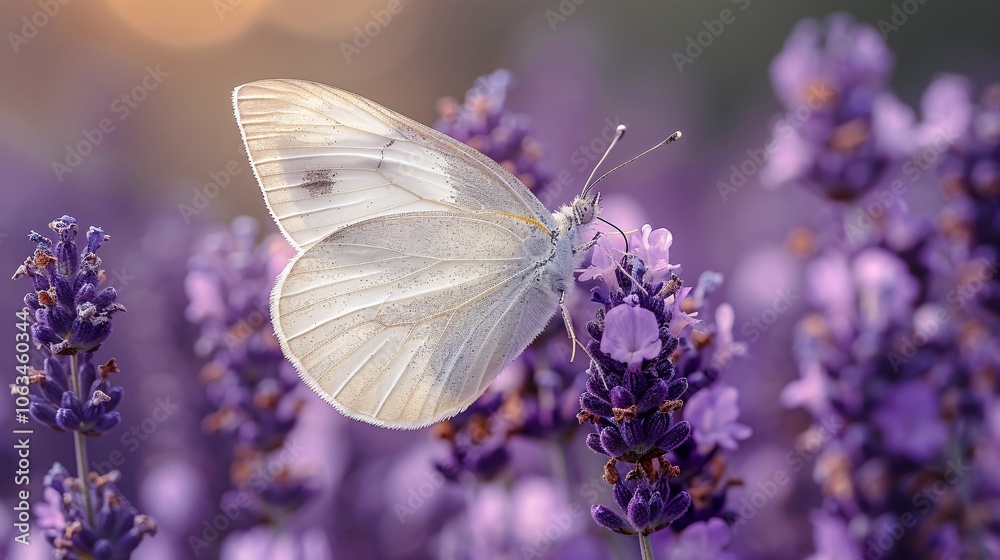 butterfly with intricate wing patterns perched delicately on purple lavender flowers, with soft bokeh lights butterfly with intricate wing patterns perched delicately on purple lavender flowers, with soft bokeh lights