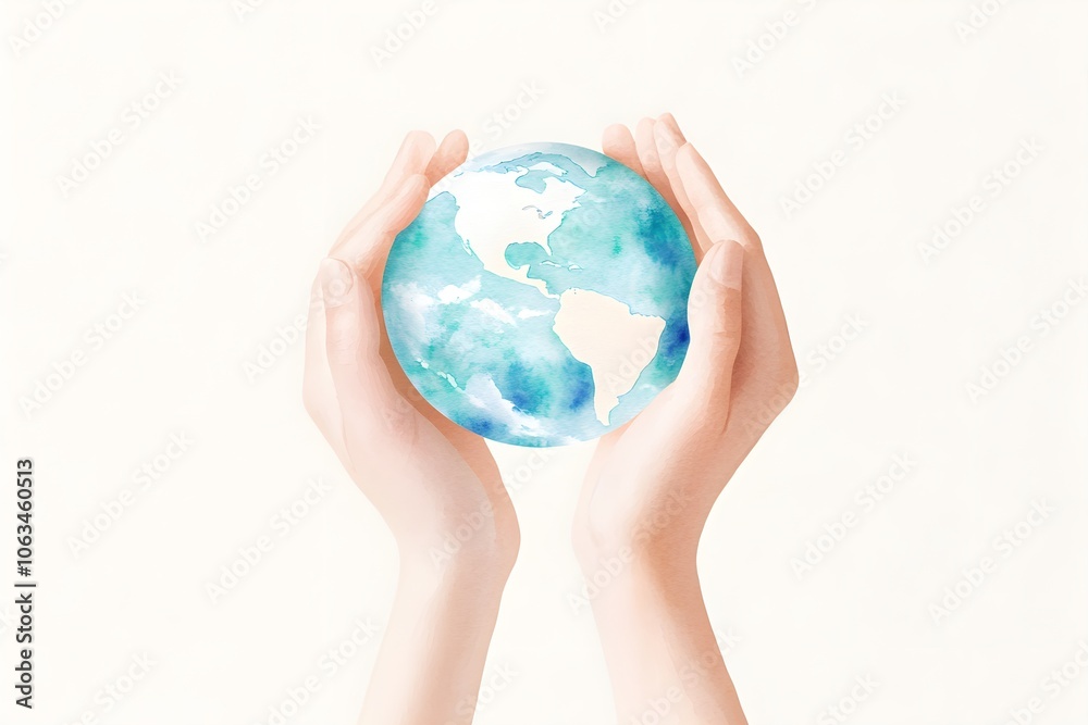 Hands Connecting Around Watercolor Earth Hands Connecting Around Watercolor Earth
