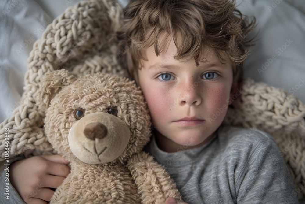A cute little boy with blue eyes lies on a bed, holding a teddy bear under a knitted blanket. His gaze is calm and thoughtful. A cute little boy with blue eyes lies on a bed, holding a teddy bear under a knitted blanket. His gaze is calm and thoughtful.