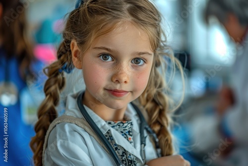 Wallpaper Mural A young girl with braided hair is playfully pretending to be a doctor, wearing a stethoscope around her neck, with a curious and focused expression. Torontodigital.ca