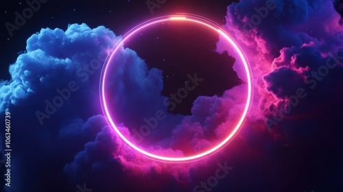 Neon cloud with glowing ring, isolated on black background. Round frame. Fantastic wallpaper