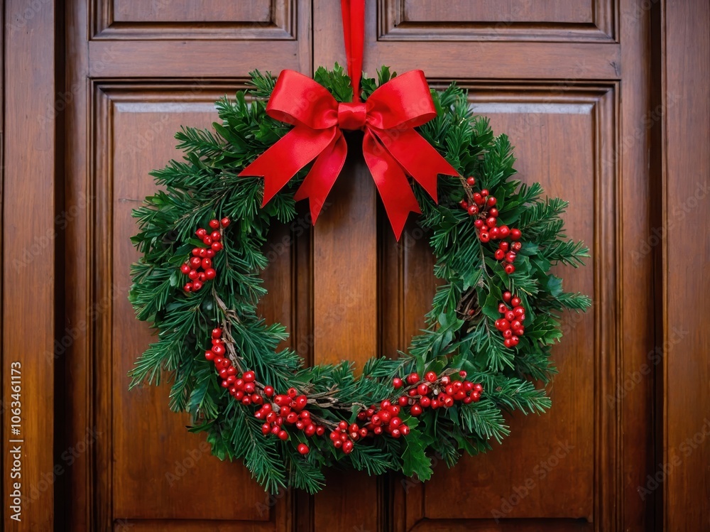 A closeup of a Christmas wreath with red berries, showcasing the lush greenery and festive decorations that enhance the holiday spirit A closeup of a Christmas wreath with red berries, showcasing the lush greenery and festive decorations that enhance the holiday spirit