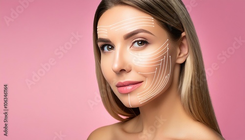 Lifting lines are drawn on a woman's face, demonstrating the process of contouring and tightening the skin