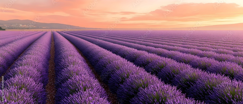 Obraz premium A stunning view of vibrant lavender fields at sunset, showcasing rows of blossoming purple flowers under a colorful sky, creating a serene and peaceful atmosphere.