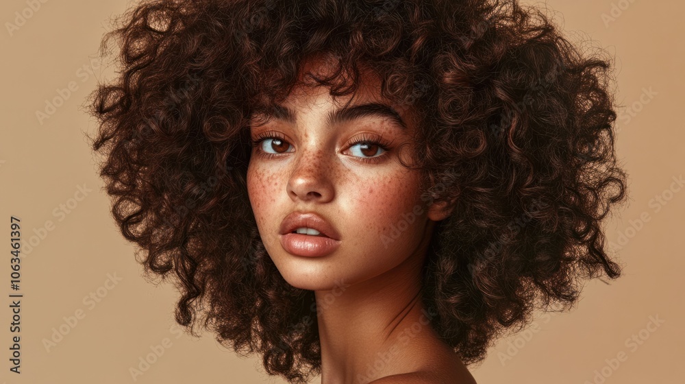 Portrait of a woman with fluffy, curly hair, exuding confidence on a minimalist beige background