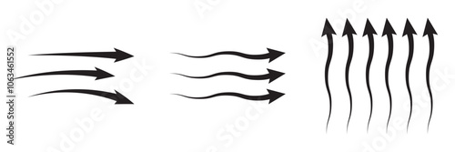 Air flow. Black arrows showing direction of air movement. Wind direction arrows. Black cold fresh stream from the conditioner. isolated on white background. Vector illustration . EPS 10