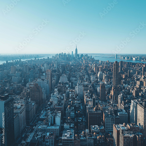 Aerial view of bustling city skyline featuring tall buildings and clear blue sky, showcasing vibrant urban landscape and iconic structures