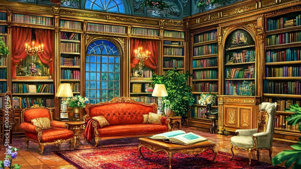 A cozy library with ornate bookcases, plush furniture, and a large window overlooking a garden A cozy library with ornate bookcases, plush furniture, and a large window overlooking a garden